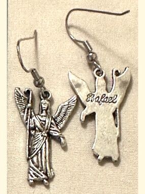 Archangel Raphael Earrings Silver Tone Angel Dangle Handmade Spiritual Healing